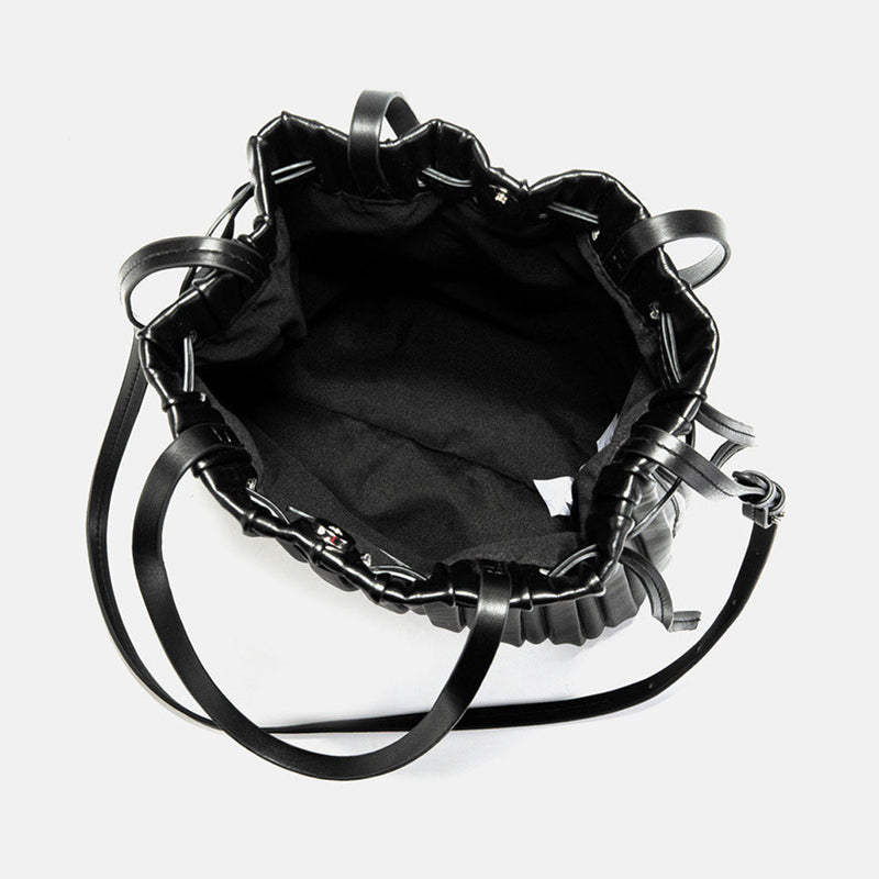 Slouchy Drawstring Gathered Pleated Bucket Bag - Black