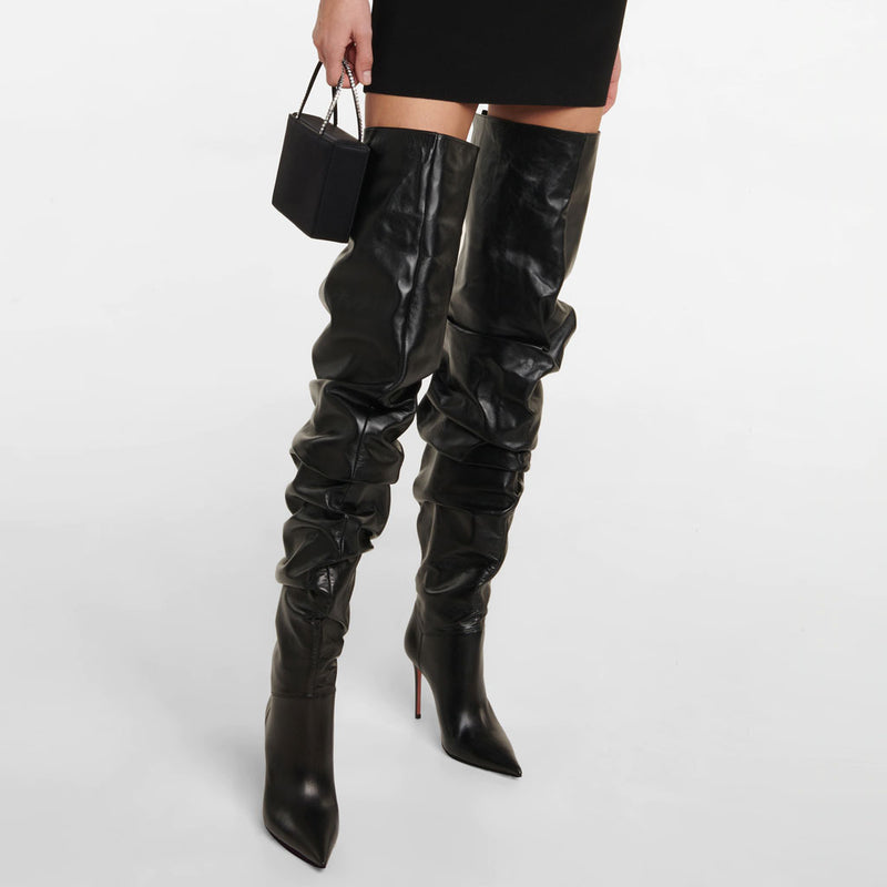 Slouchy Faux Leather Over Knee Pointed Toe Stiletto Boots - Black