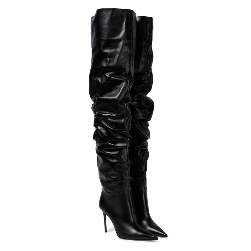 Slouchy Faux Leather Over Knee Pointed Toe Stiletto Boots - Black