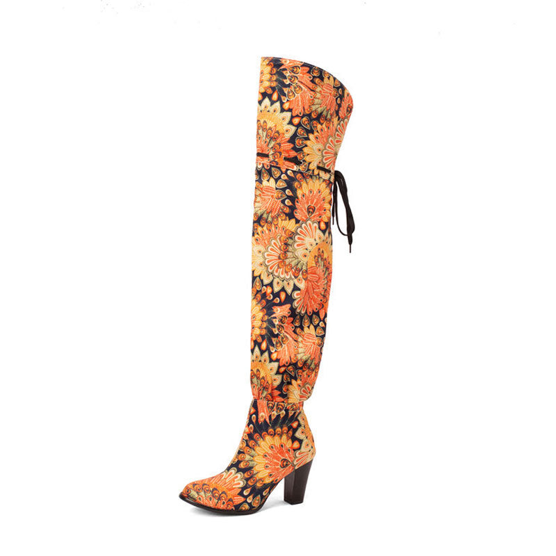 Slouchy Floral Print Round Toe Block Heel Over Knee Boots - Multicolor