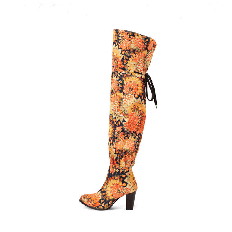 Slouchy Floral Print Round Toe Block Heel Over Knee Boots - Multicolor