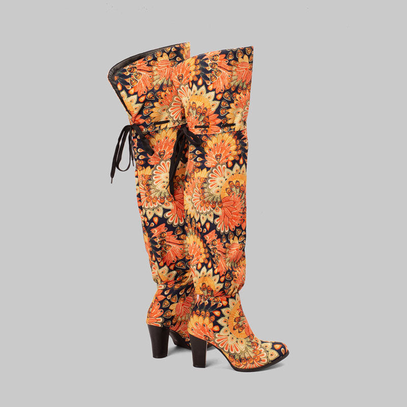 Slouchy Floral Print Round Toe Block Heel Over Knee Boots - Multicolor