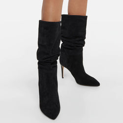 Slouchy Mid Calf Pointed Toe Stiletto Suede Boots - Black