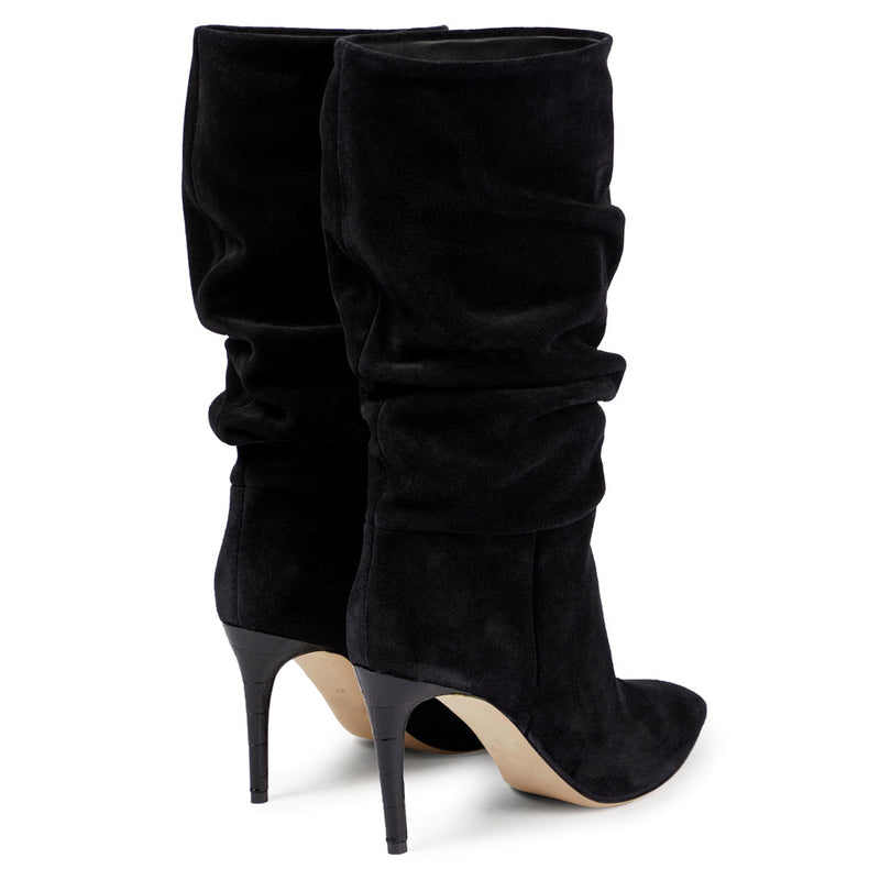 Slouchy Mid Calf Pointed Toe Stiletto Suede Boots - Black