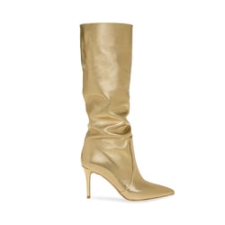Slouchy Pointed Toe High Heel Mid Calf Leather Boots - Gold