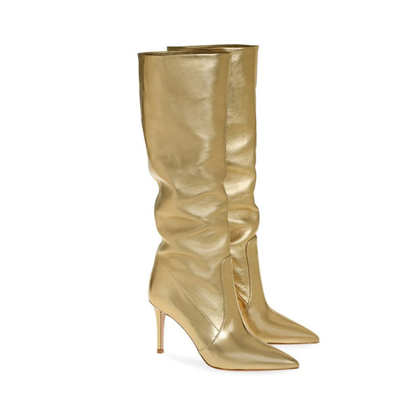 Slouchy Pointed Toe High Heel Mid Calf Leather Boots - Gold
