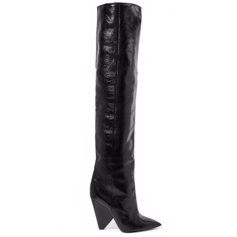 Slouchy Pointed Toe Over-Knee Leather Boots - Black