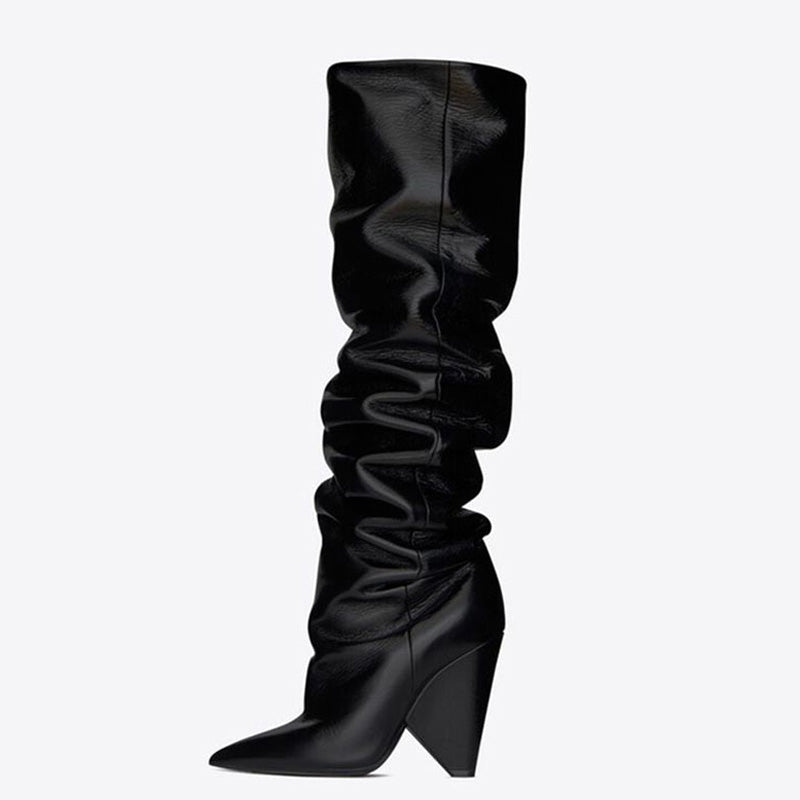 Slouchy Pointed Toe Over-Knee Leather Boots - Black