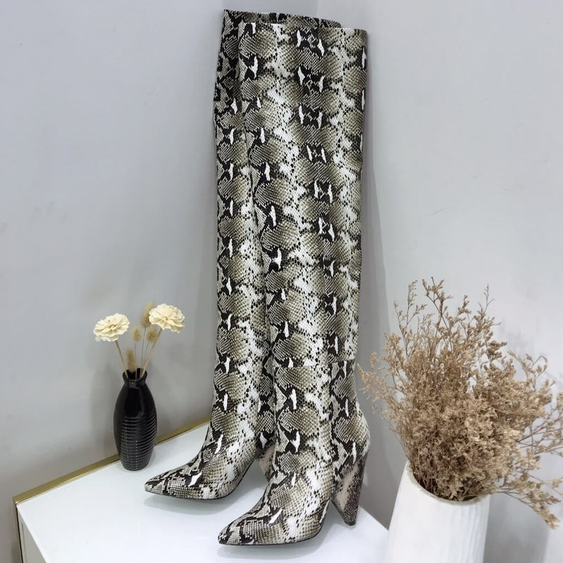 Slouchy Pointed Toe Over-Knee Leather Boots - Snake