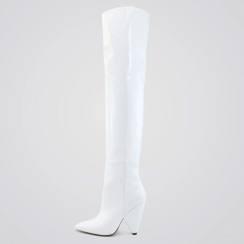 Slouchy Pointed Toe Over-Knee Leather Boots - White