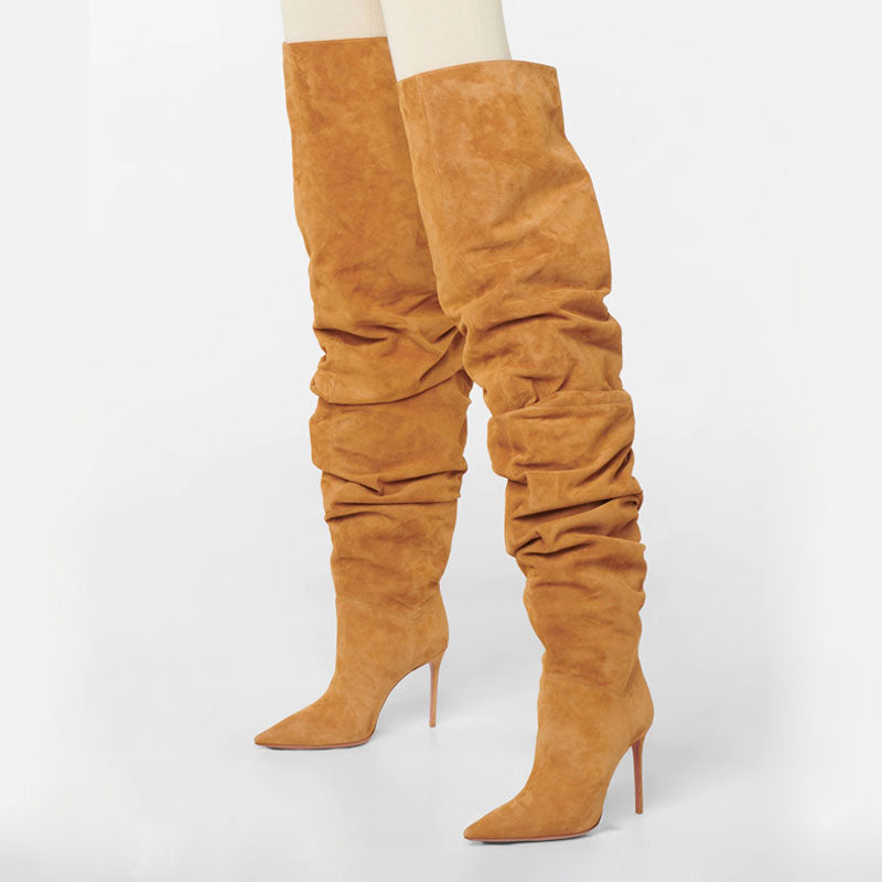 Slouchy Pointed Toe Over Knee Stiletto Suede Boots - Camel