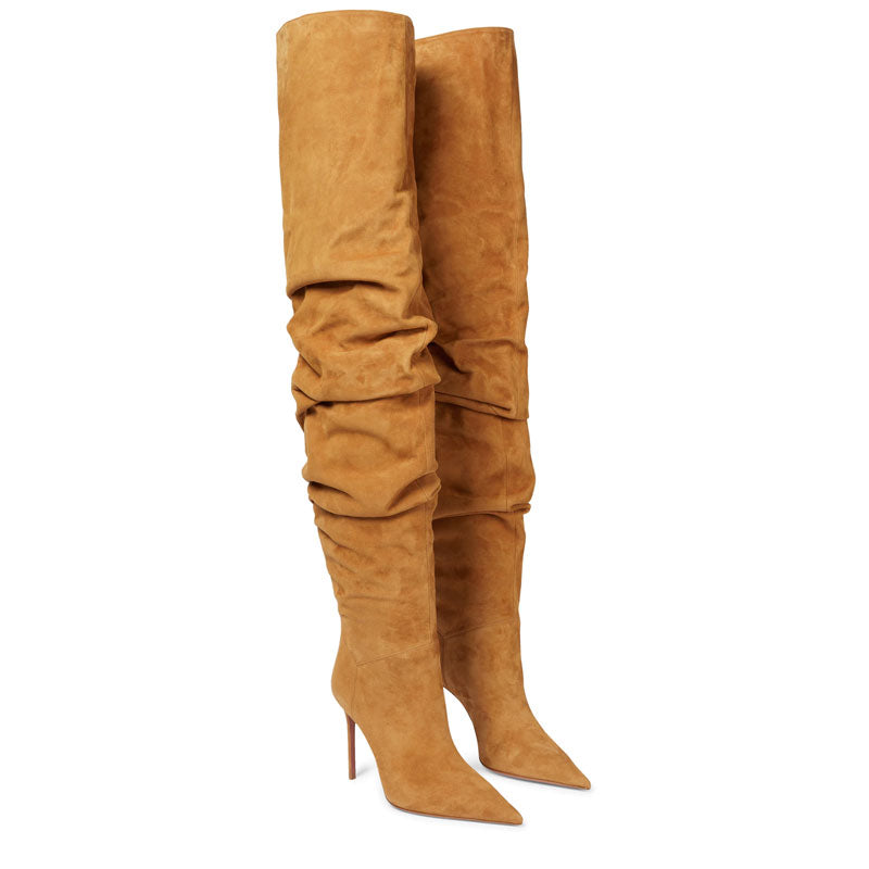 Slouchy Pointed Toe Over Knee Stiletto Suede Boots - Camel