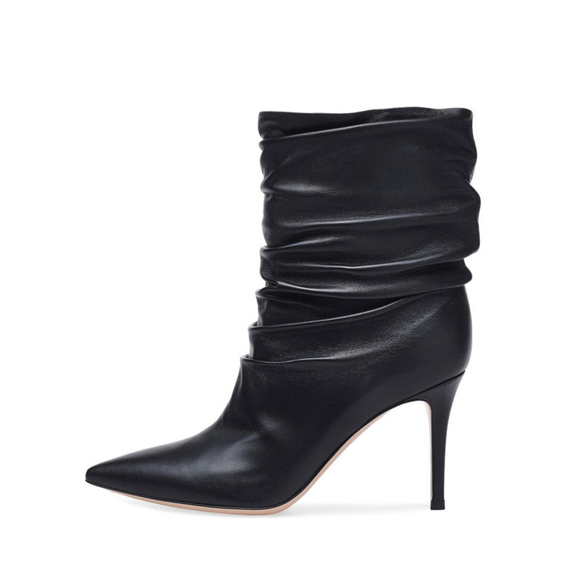 Slouchy Pointed Toe Stiletto Faux Leather Mid Calf Boots - Black