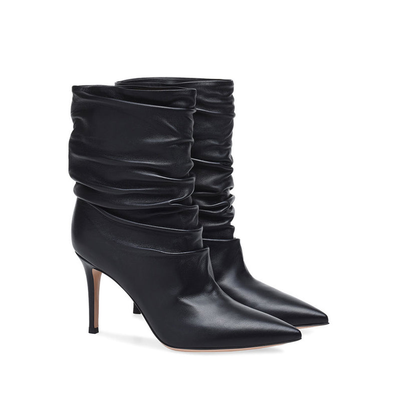 Slouchy Pointed Toe Stiletto Faux Leather Mid Calf Boots - Black