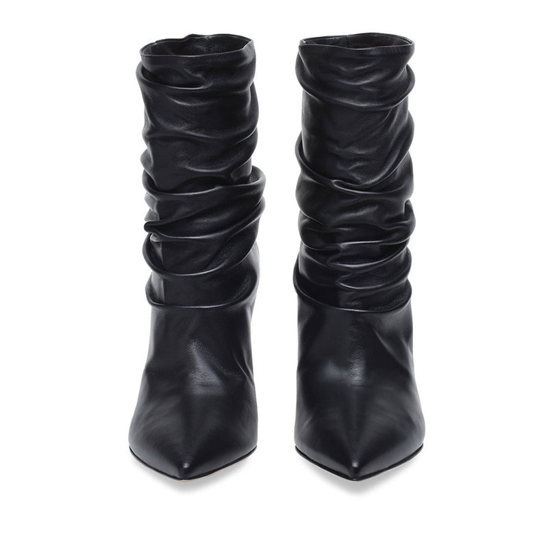 Slouchy Pointed Toe Stiletto Faux Leather Mid Calf Boots - Black
