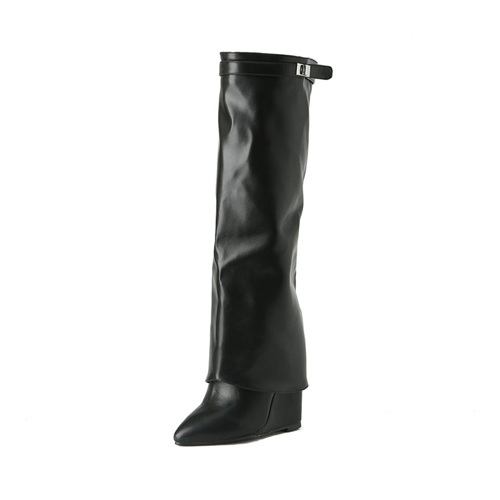 Slouchy Pointed Toe Wedge Heel Mid Calf Leather Boots - Black – Luxedress