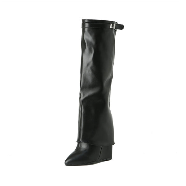 Slouchy Pointed Toe Wedge Heel Mid Calf Leather Boots - Black