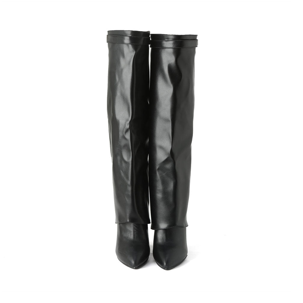 Slouchy Pointed Toe Wedge Heel Mid Calf Leather Boots - Black – Luxedress