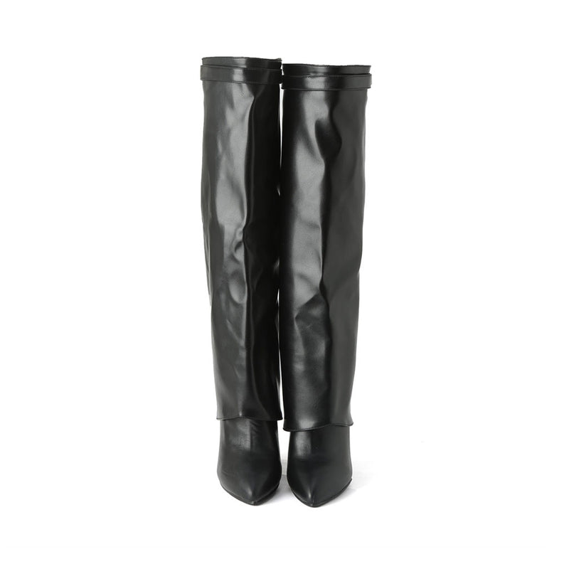 Slouchy Pointed Toe Wedge Heel Mid Calf Leather Boots - Black