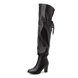 Slouchy Round Toe Block Heel Faux Leather Over Knee Boots - Black