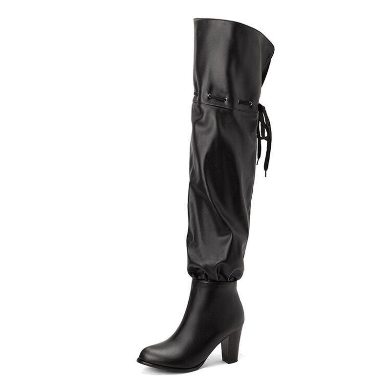 Slouchy Round Toe Block Heel Faux Leather Over Knee Boots - Black