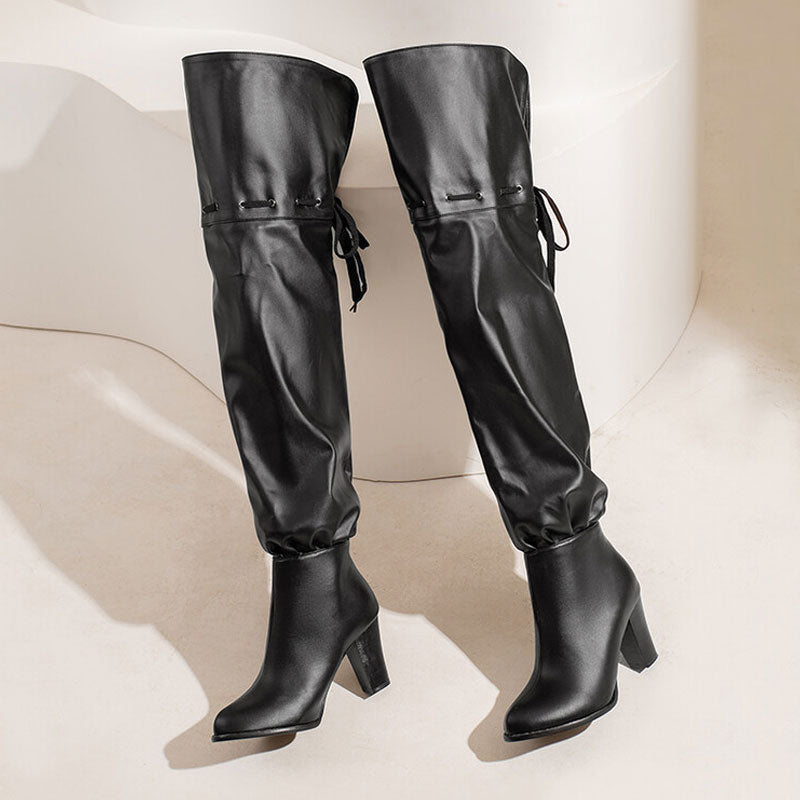 Slouchy Round Toe Block Heel Faux Leather Over Knee Boots - Black