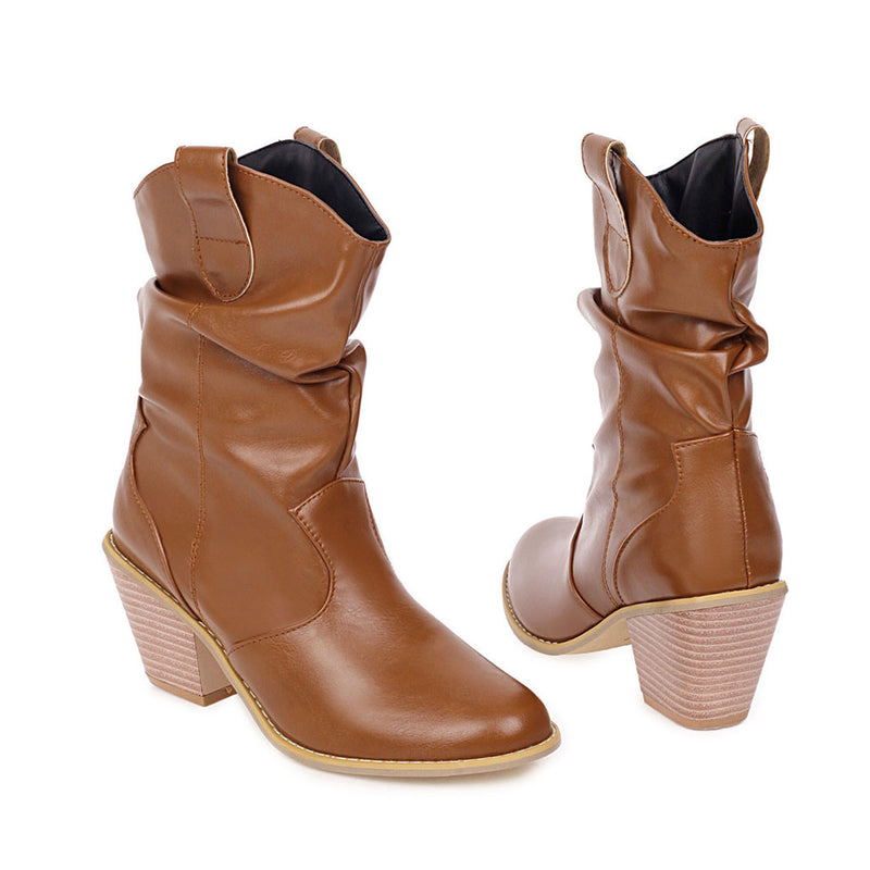 Slouchy Round Toe Cuban Heel Faux Leather Ankle Boots - Brown
