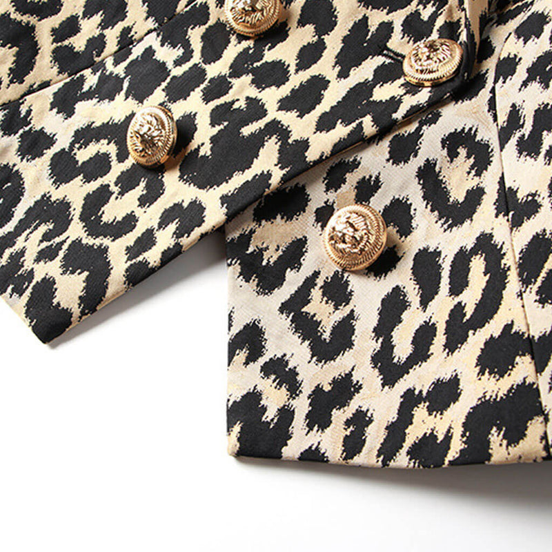 Smart Gold Toned Button Leopard Print Peak Lapel Double Breasted Tailored Blazer