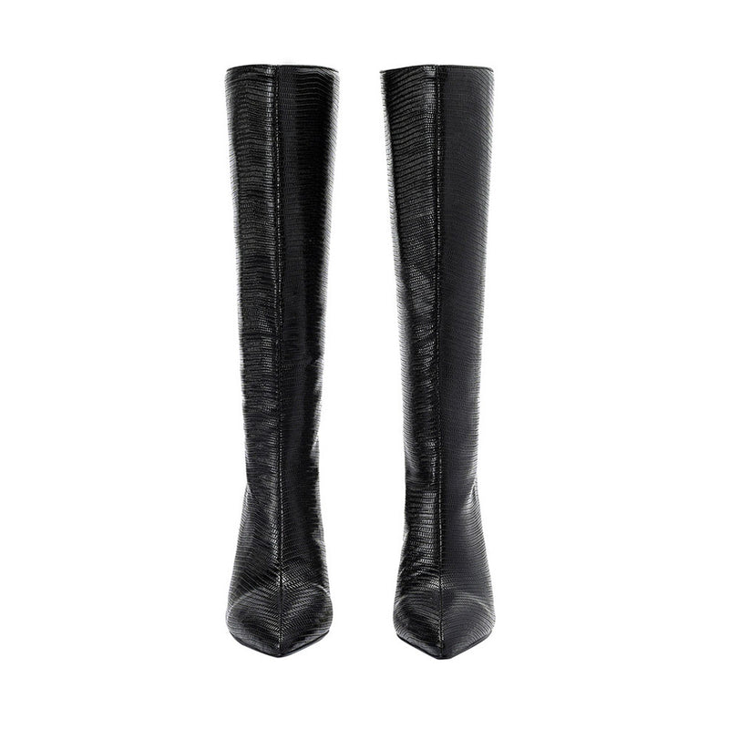 Snake Effect Leather Pointed Toe Knee High Stiletto Boots - Black
