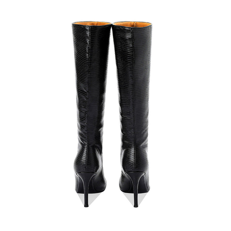 Snake Effect Leather Pointed Toe Knee High Stiletto Boots - Black