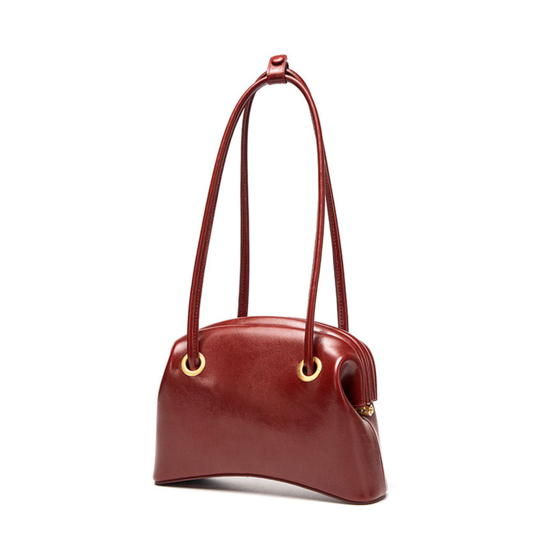 Solid Color Double Strap Leather Clutch Shoulder Bag - Burgundy