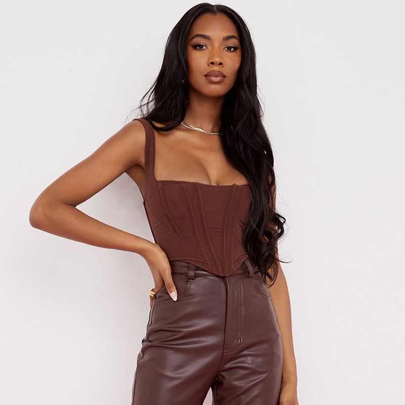 Solid Color Square Neck Corset Cropped Tank Top - Chocolate