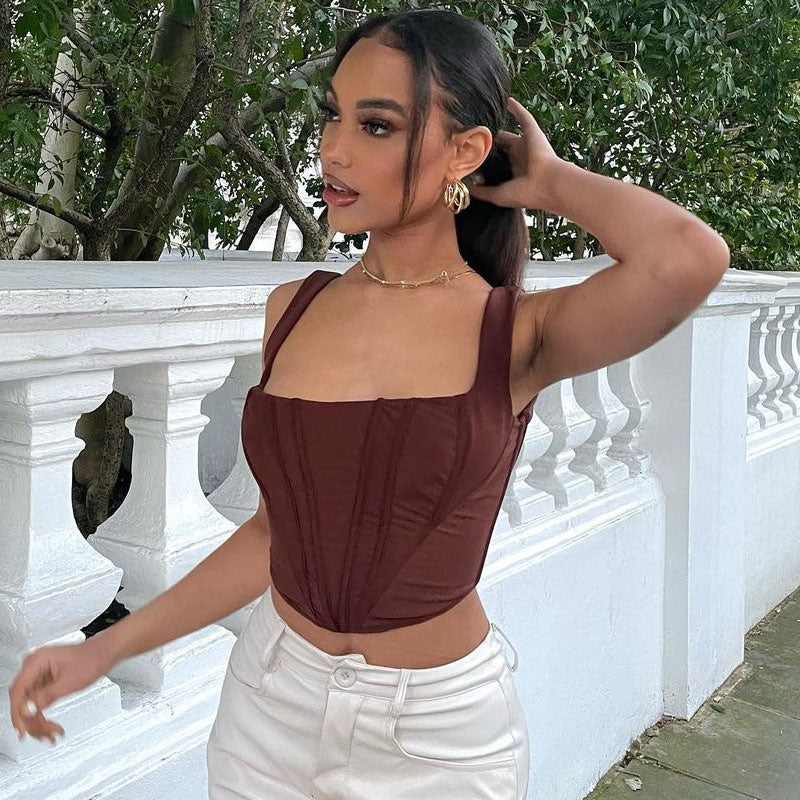 Solid Color Square Neck Corset Cropped Tank Top Chocolate