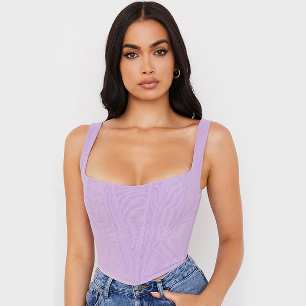 Solid Color Square Neck Corset Cropped Tank Top - Purple