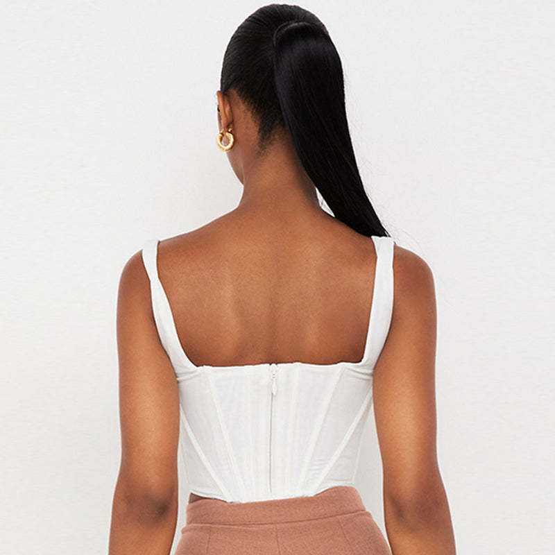 Solid Color Square Neck Corset Cropped Tank Top - White