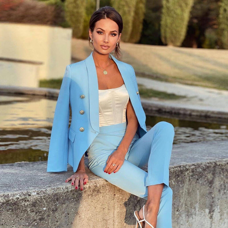 Solid Elastic Waist Double Breasted Blazer Matching Set - Light Blue
