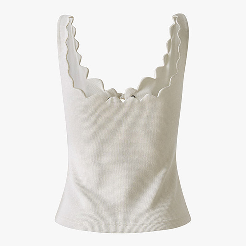 Solid Scalloped Tie Front Cutout Tank Top - White