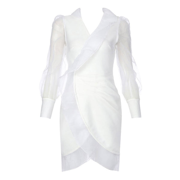 Sophisticated Ruffle Organza Bishop Sleeve Pleated Detail Bodycon Mini Dress