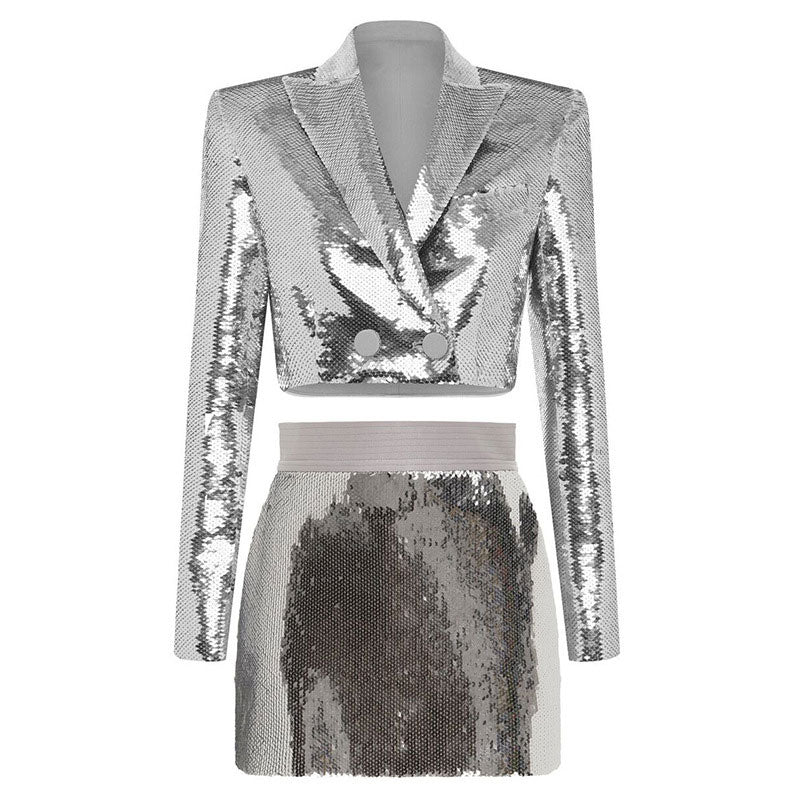 Spakly Sequin Peak Lapel Double Breasted Cropped Blazer Matching Set - Silver