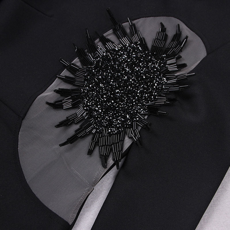 Sparkly 3D Flower Sheer Mesh Panel Round Neck Long Sleeve Bodycon Bandage Mini Dress