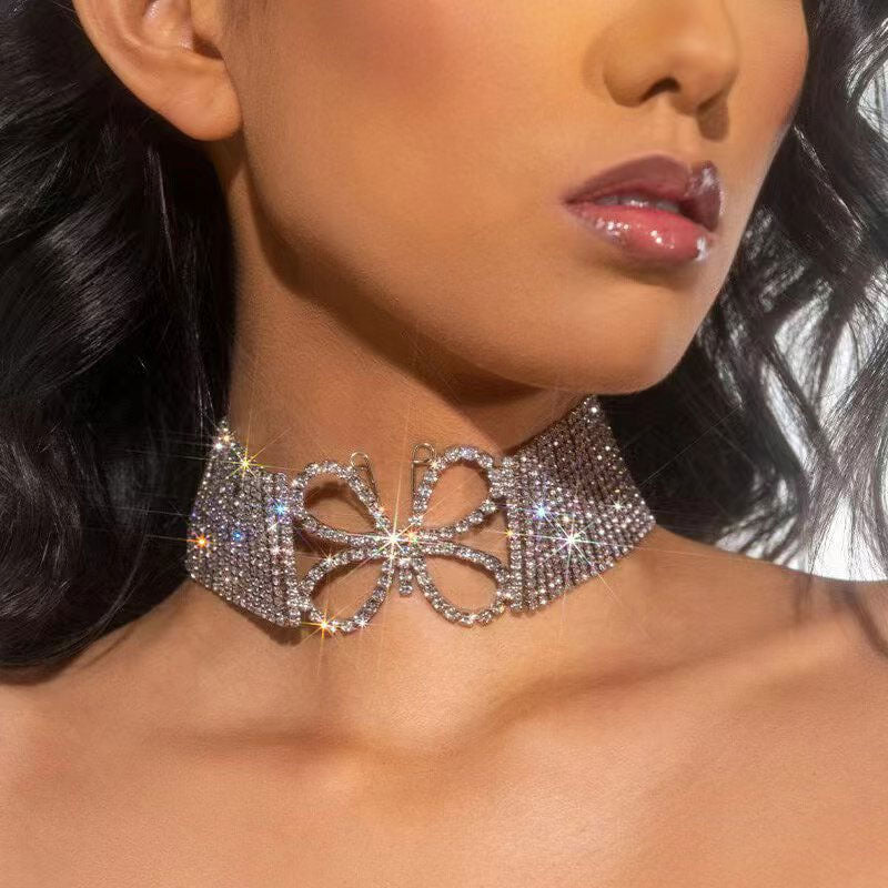 Sparkly Butterfly Motif Crystal Embellished Choker Necklace - Silver