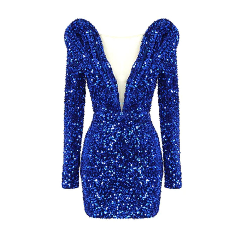 Sparkly Collar Deep Plunging Neck Long Sleeve Sequin Mini Dress - Royal Blue