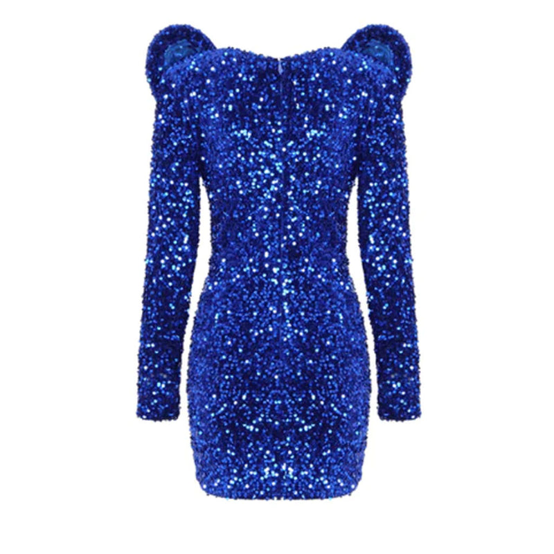Sparkly Collar Deep Plunging Neck Long Sleeve Sequin Mini Dress - Royal Blue