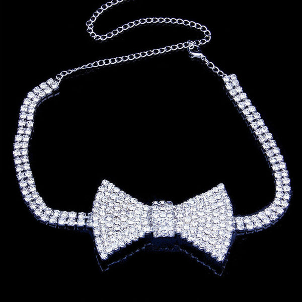 Sparkly Crystal Embellished Bow Detail Choker Necklace - Silver