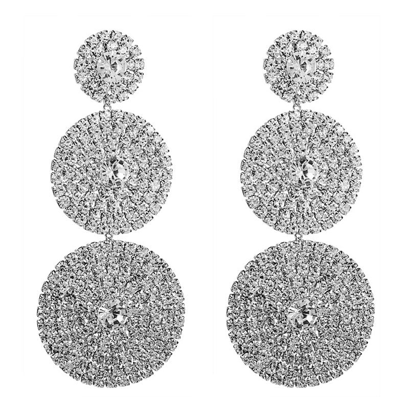 Sparkly Crystal Embellished Circle Triple Drop Earrings - Silver