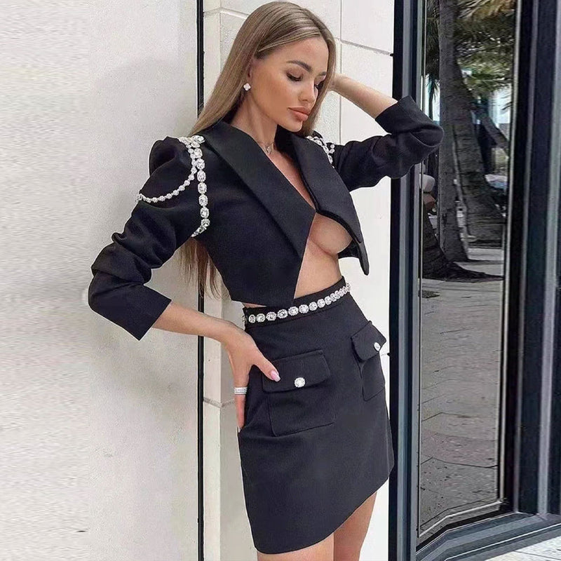 Sparkly Crystal Embellished Puff Sleeve Crop Blazer Matching Set - Black