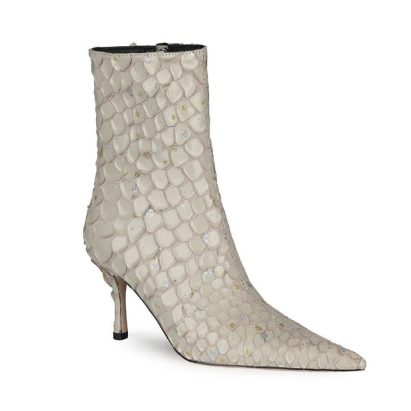 Sparkly Diamante Effect Mermaid Scale Pointed Heeled Ankle Boots - Apricot