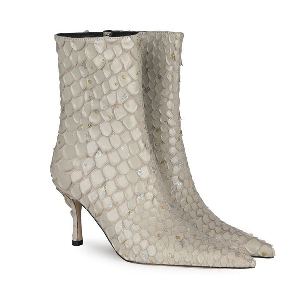 Sparkly Diamante Effect Mermaid Scale Pointed Heeled Ankle Boots - Apricot