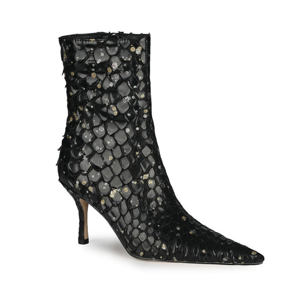 Sparkly Diamante Effect Mermaid Scale Pointed Heeled Ankle Boots - Black