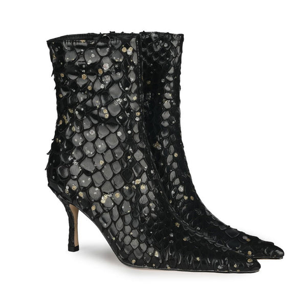 Sparkly Diamante Effect Mermaid Scale Pointed Heeled Ankle Boots - Black